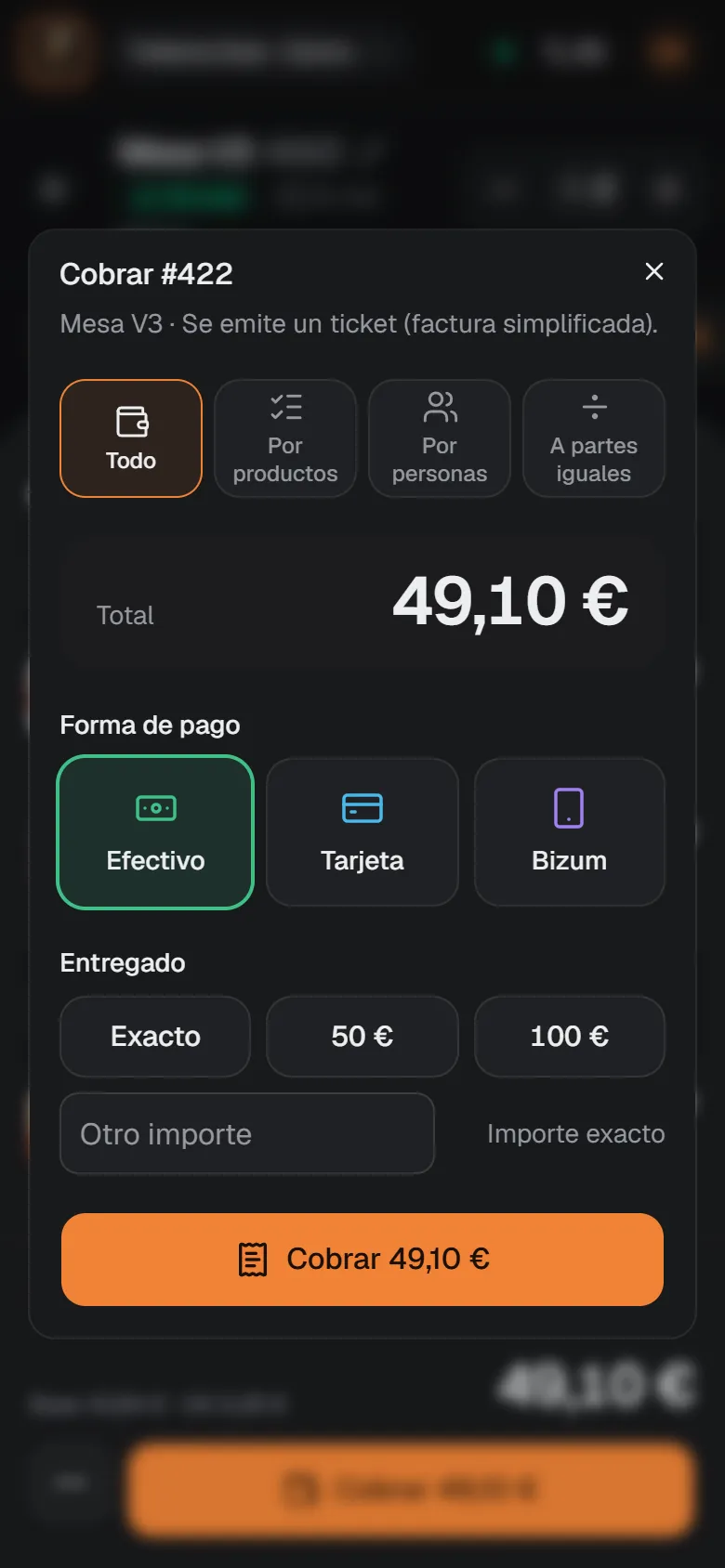 Ventana de cobro de Diner Brain: total de 30,50 € y botones de efectivo, tarjeta y Bizum.