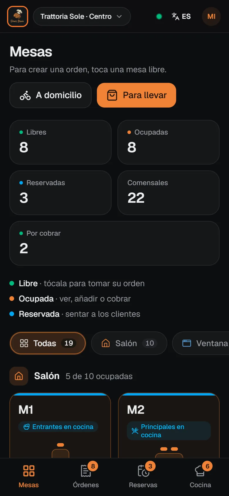 Plano de mesas de Diner Brain en un móvil, con el resumen de mesas libres, ocupadas y reservadas.